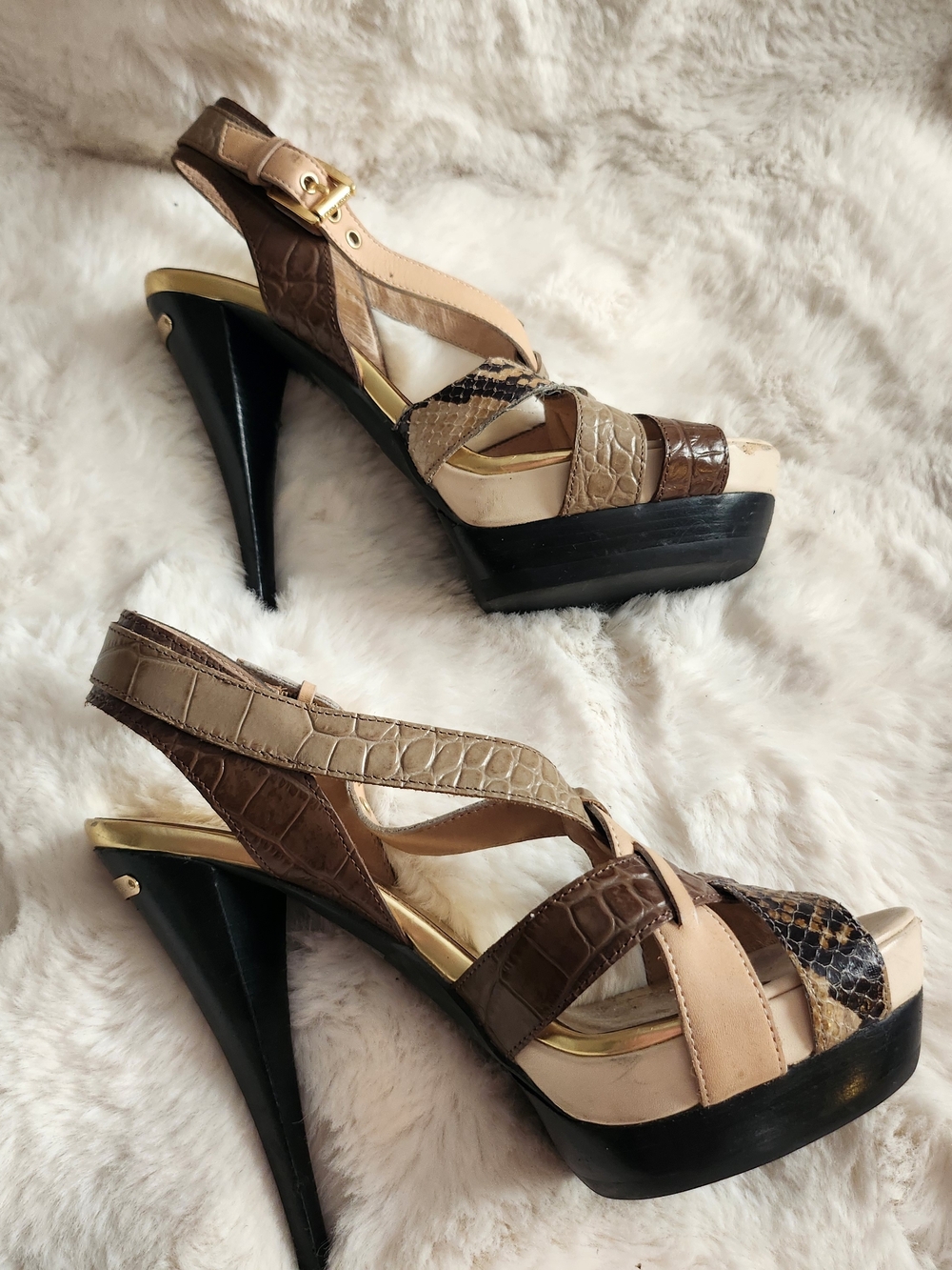 Cole Haan Brown & Beige Multi-Texture Strappy High Heels